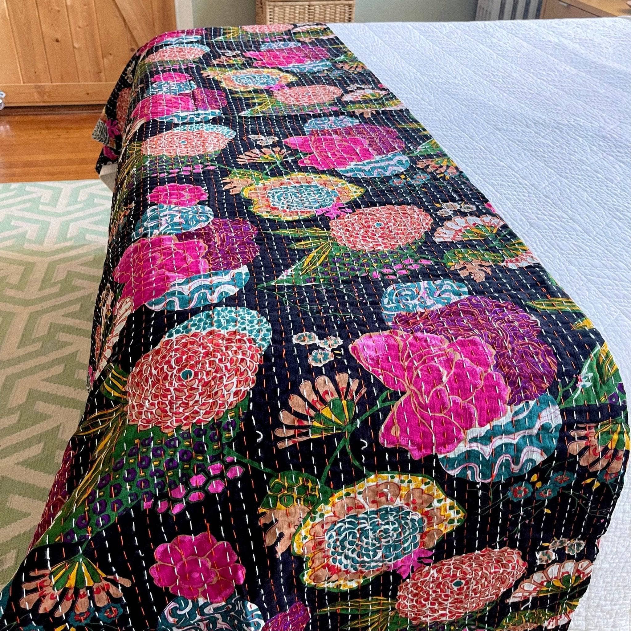 Handmade Kantha Quilt Blanket Throw Hand Stitched Indian Cotton Colorful Cozy Throw For Binge Watching Nights Darn Good Yarn